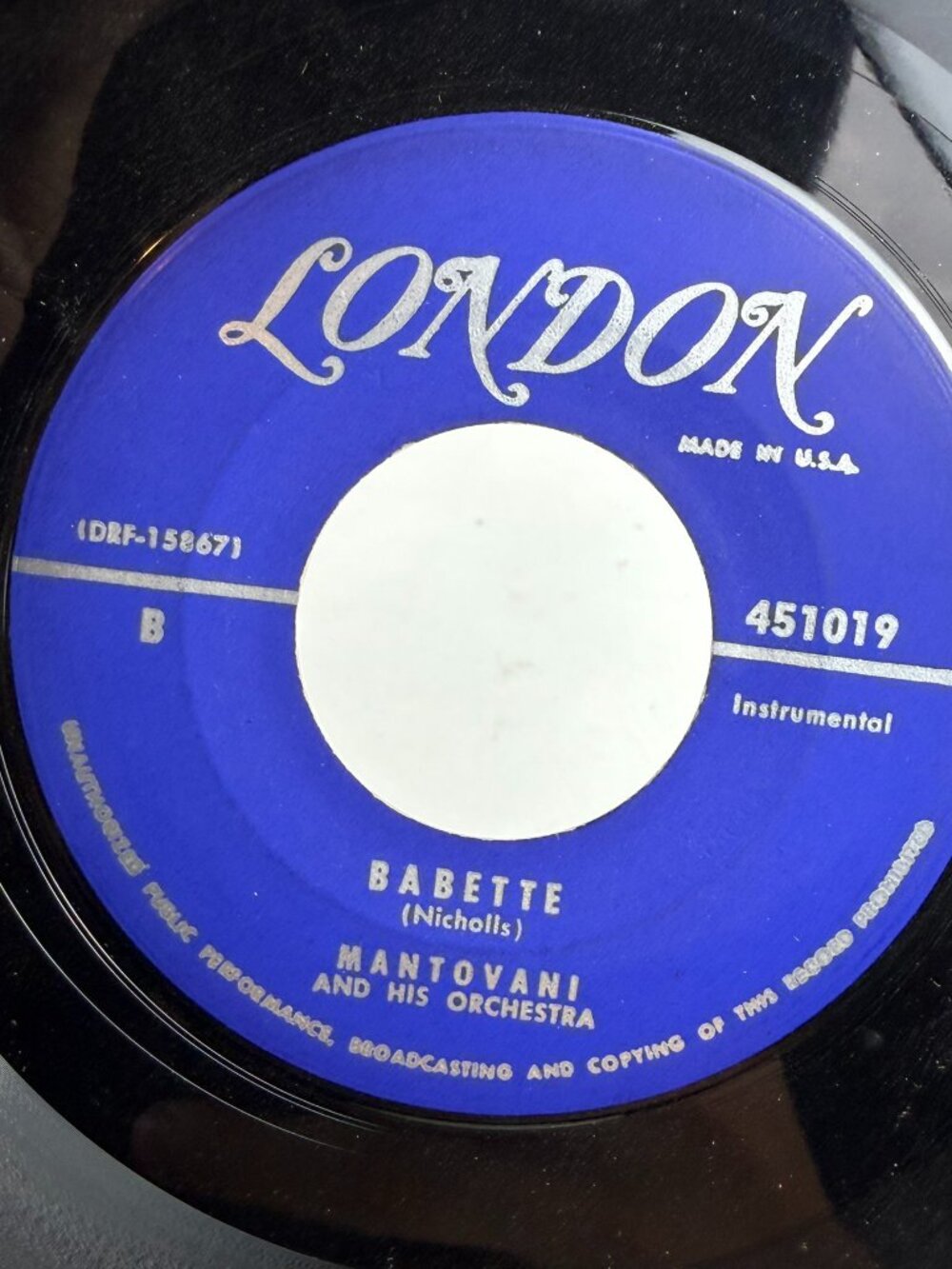 Mantovani And His Orchestra - Diane / Babette 7" Vinyl 45 RPM London 451019 US